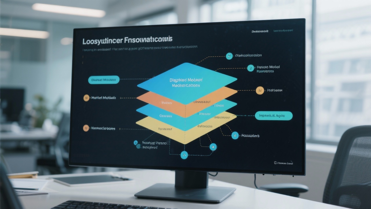 Layered consulting framework diagram illustrating diagnostic modules, market modelling stages, and implementation checkpoints displayed on a large monitor in a modern office setting.