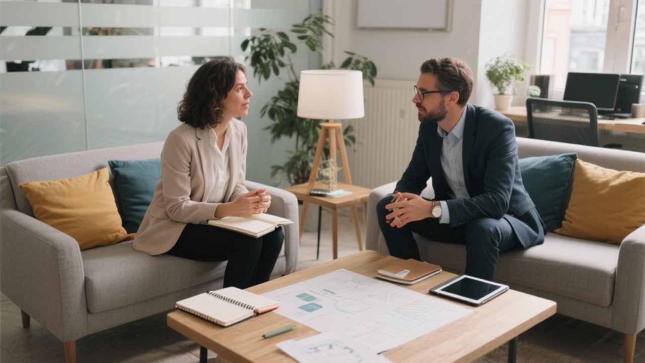 Client and consultant discussing service requirements in a Lisbon office lounge with notebooks, digital tablets, and project plans emphasising attentive communication and tailored support.