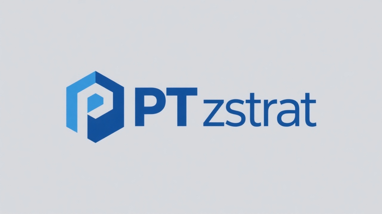 Minimal deep blue geometric logotype composed of clean letters PT and BizStrat forming a simple corporate badge for PT BizStrat Consulting