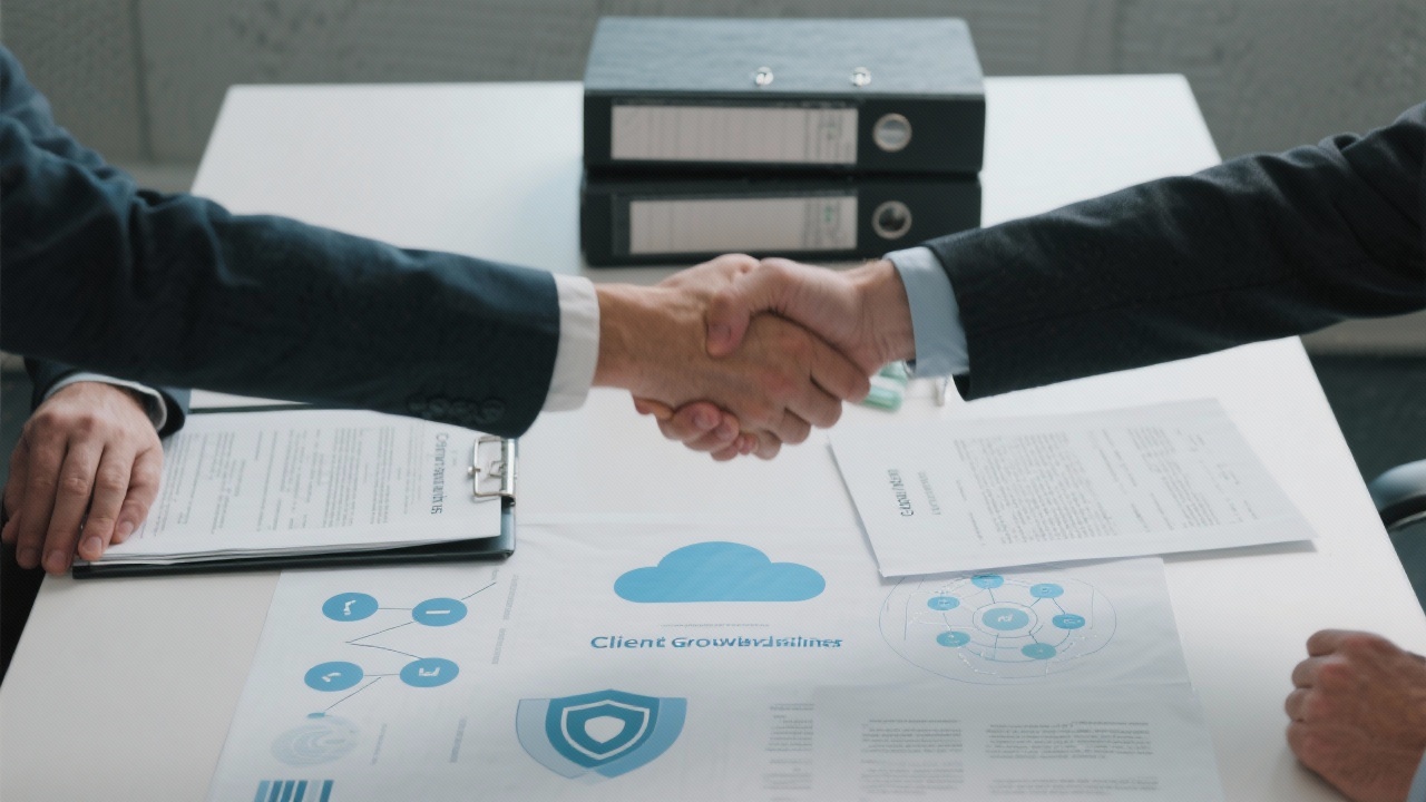 Business partners shaking hands across a table with compliance binders, cloud security diagrams, and contract documents symbolising collaborative alliances supporting client growth initiatives.