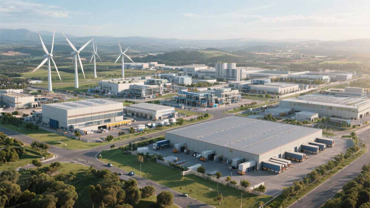 Panoramic view of Portuguese industrial park with renewable energy facilities, advanced manufacturing plants, and logistics warehouses highlighting diversified sectors targeted for strategic development.