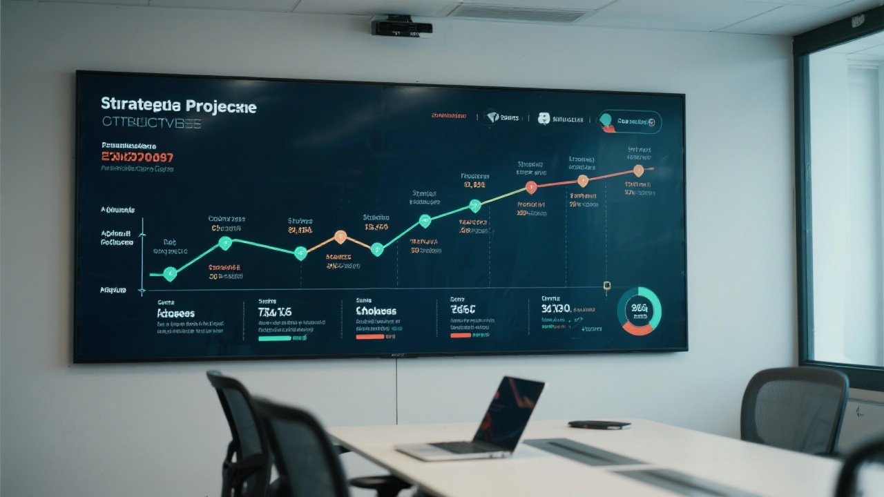 Strategic project timeline with milestones, sprints, stakeholder checkpoints, and quantitative targets rendered on a digital screen inside a Portuguese consulting war room.